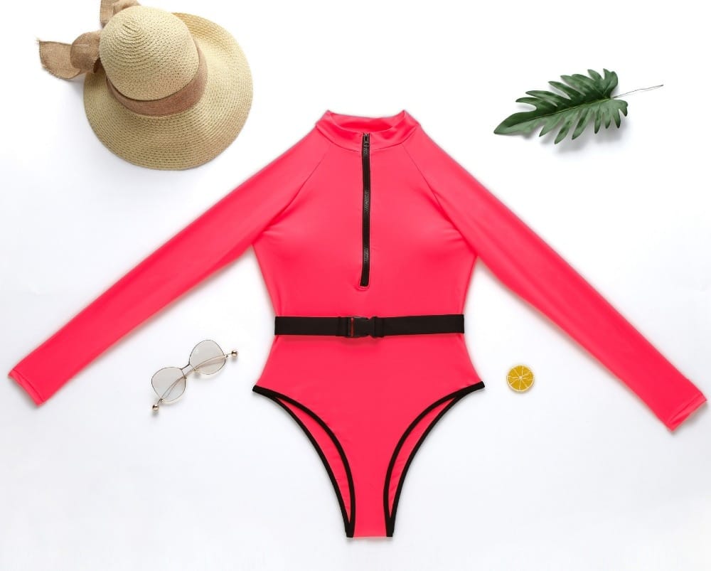 Neon Long Sleeve Zipper Front One Piece Swimsuits