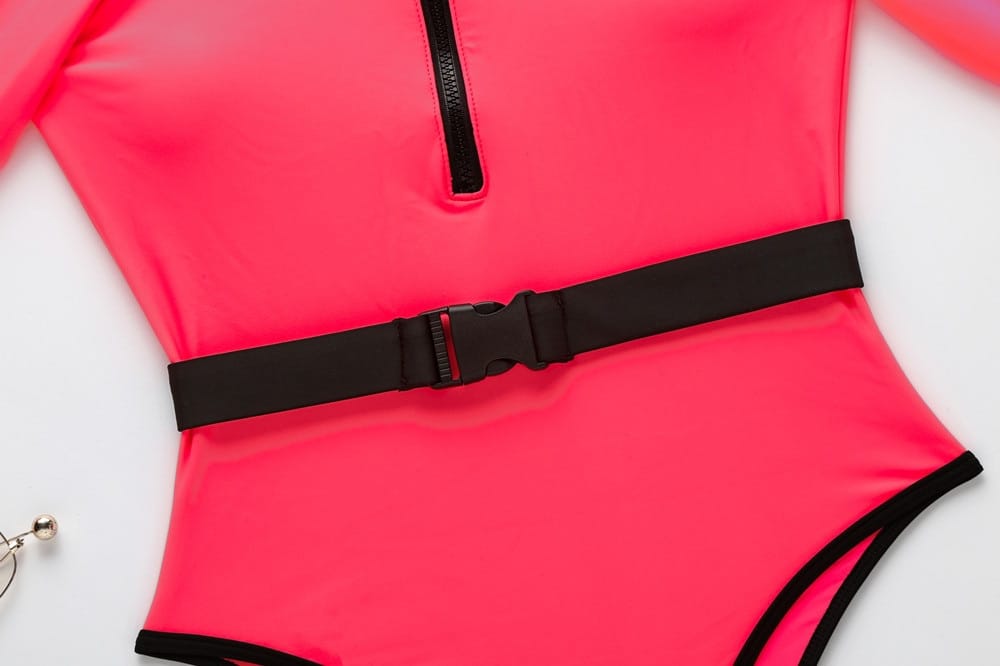 Neonfarbene, langärmlige, einteilige Badeanzüge mit Reißverschluss vorne