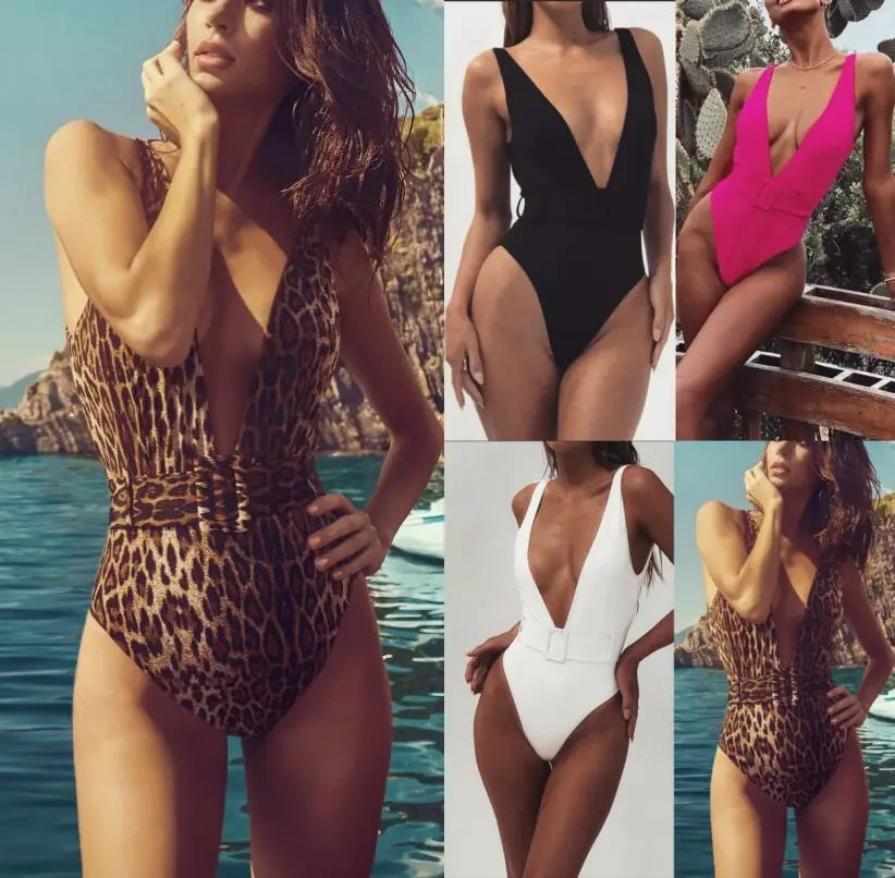 Solid High Leg Low Back Deep V One Piece Swimsuits