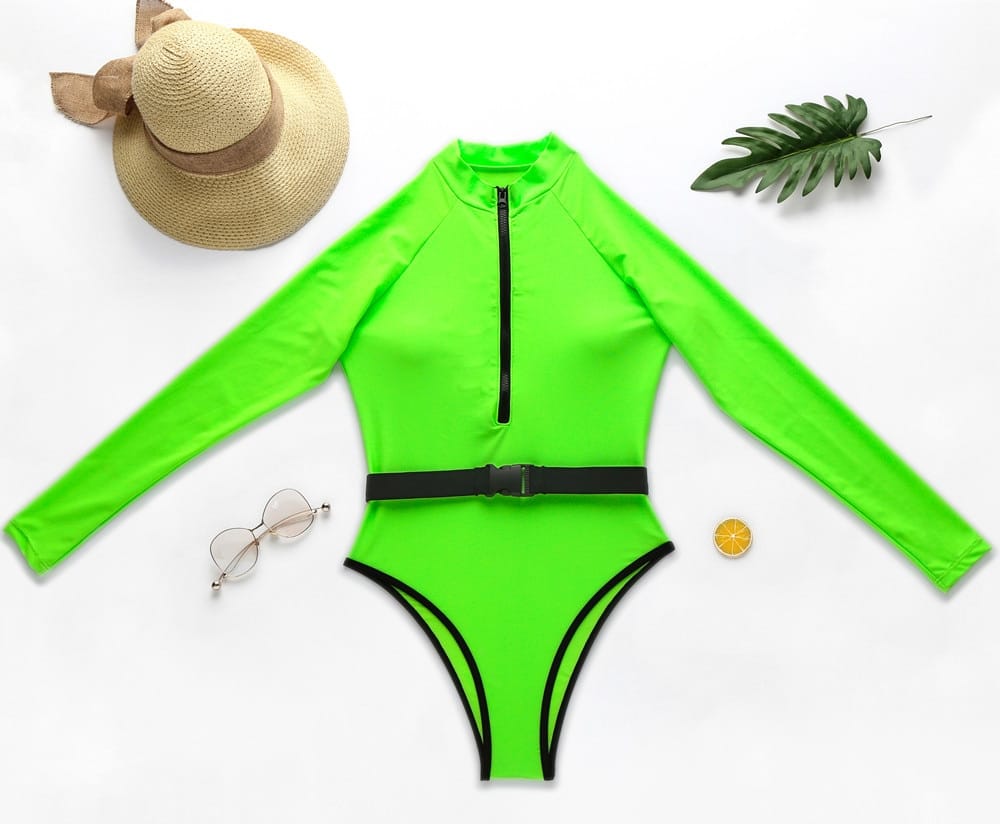 Neon Long Sleeve Zipper Front One Piece Swimsuits