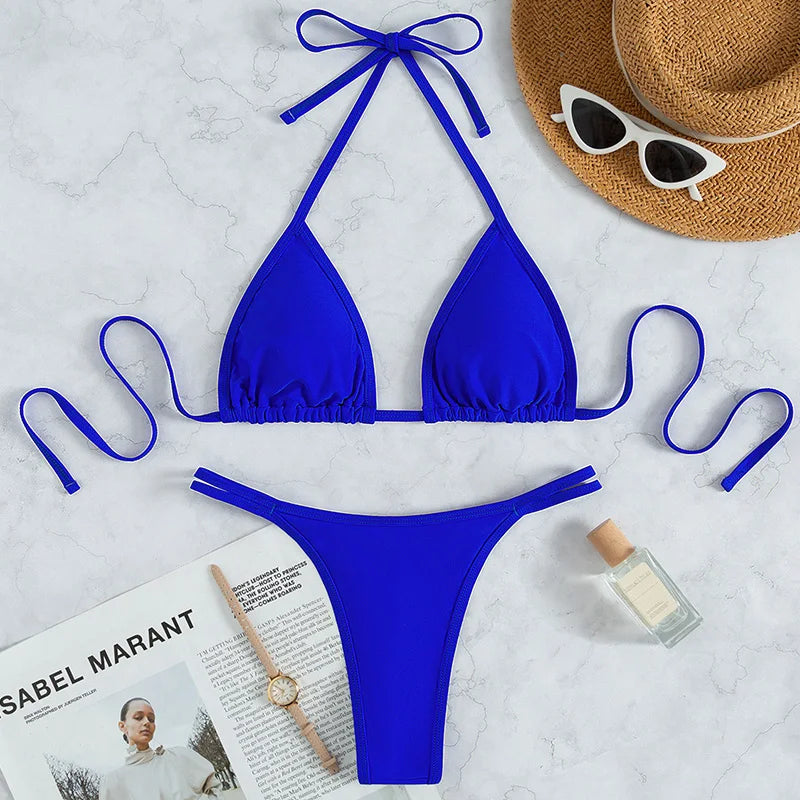 Micro rhinestone triangle bikini set with bow tie top and matching G-string, blue