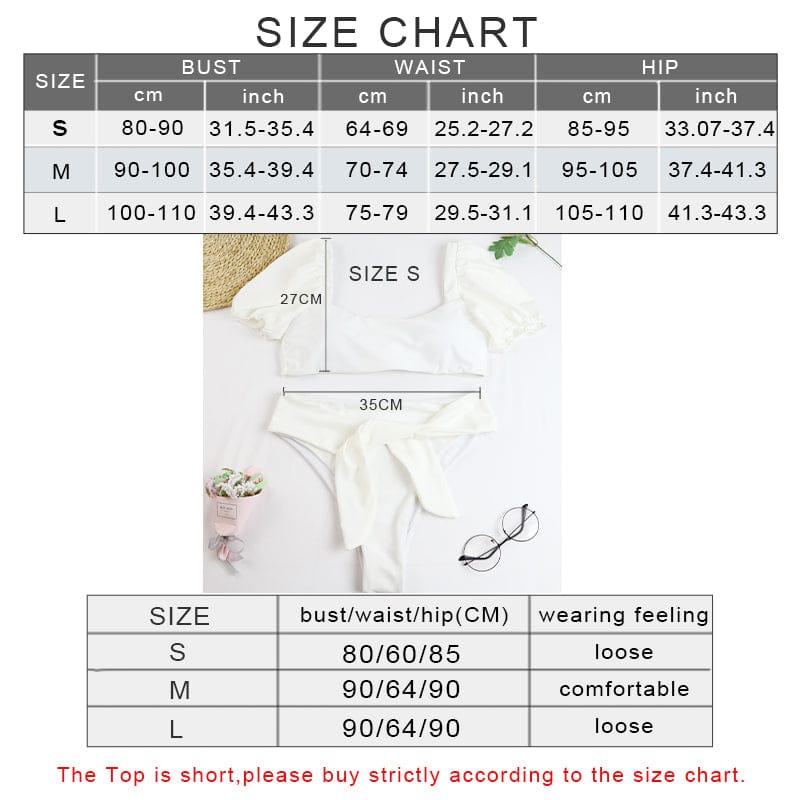 High Waisted Short Puff Sleeve Self Tie Bikini Size Chart