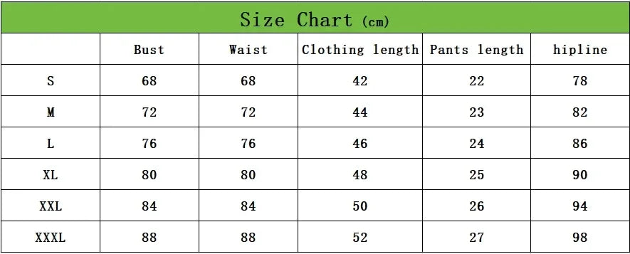 Size chart table for tankini set: bust, waist, clothing length, shorts length, hipline