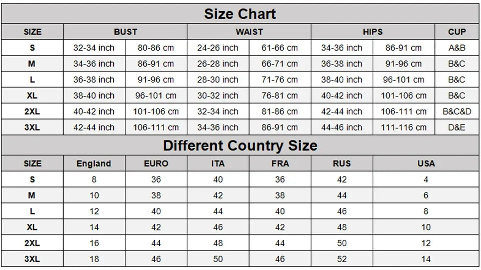Sunnybikinis size chart for women’s tankini swim dress: bust, waist, hips, cup