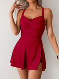 Deep red ruched tankini swim dress with scoop neckline and flared skirt, sleeveless