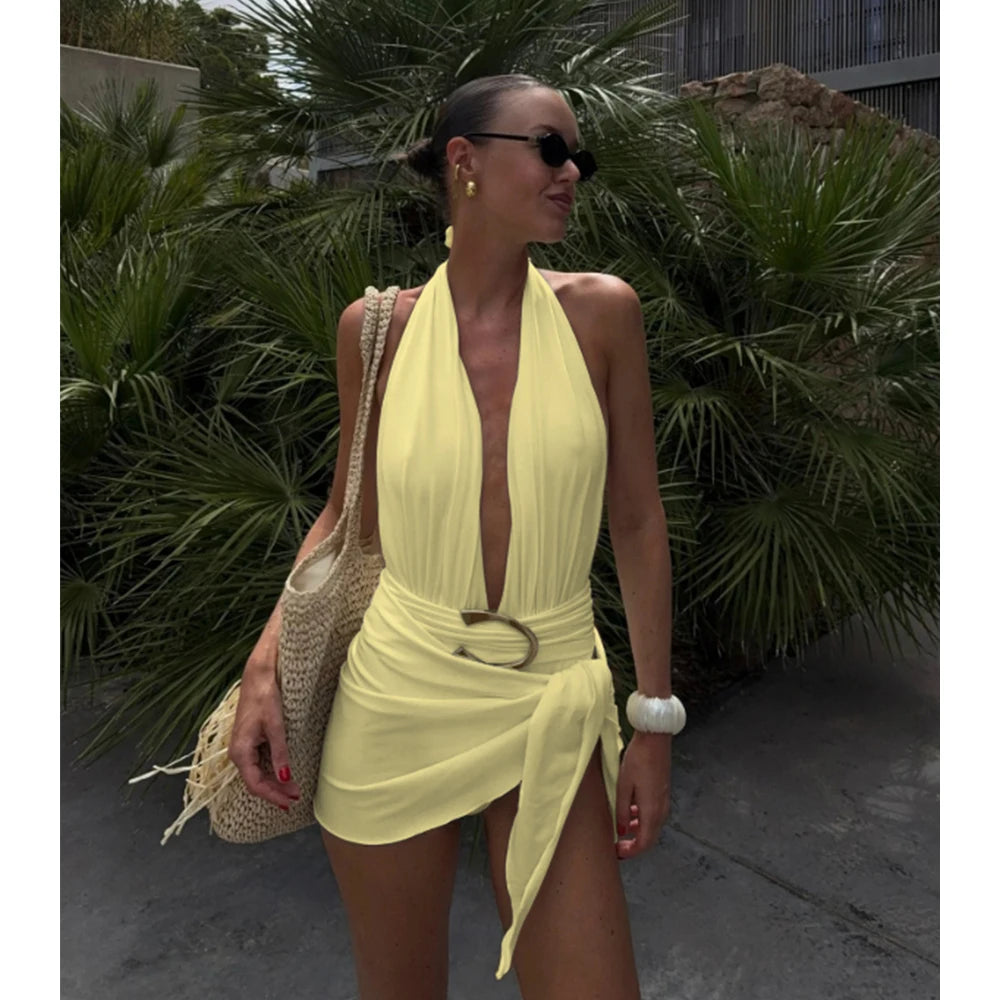 Halter Deep‑V One‑Piece Swimsuit with Sarong Mini Skirt - Yellow