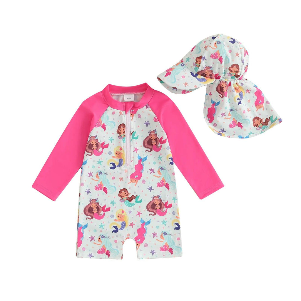 Toddler pink and white mermaid long-sleeve swimsuit with matching sun hat floral tropical design