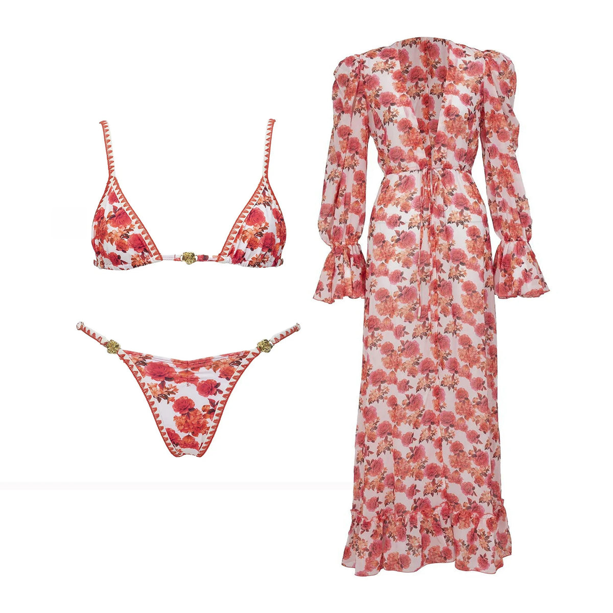 Red floral triangle micro bikini with long-sleeve ruffle floral dress set flat lay