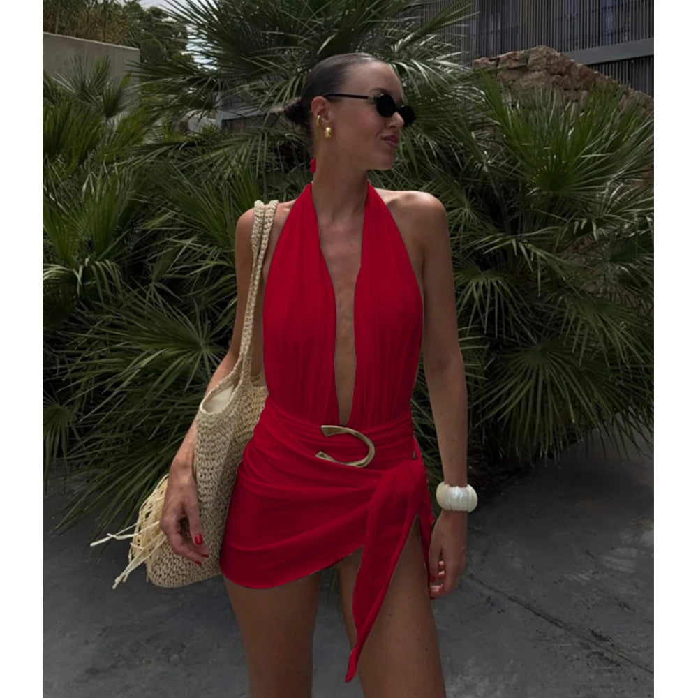 Halter Deep‑V One‑Piece Swimsuit with Sarong Mini Skirt - Red