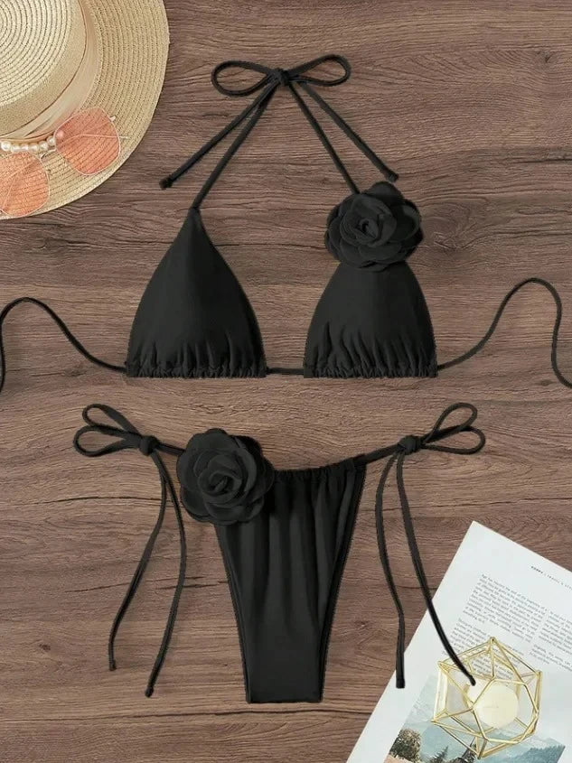 Black halter string bikini set with 3D rose on the top and matching bottom with bow straps