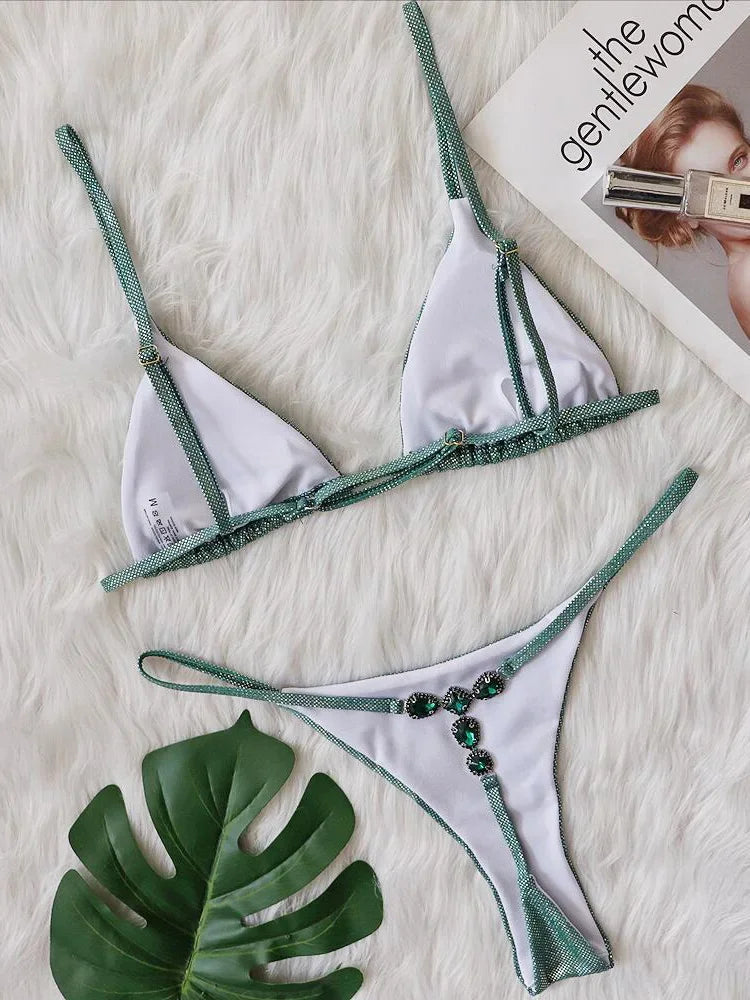 White triangle bikini set with green glittery trim and micro rhinestone crystal embellishments for women