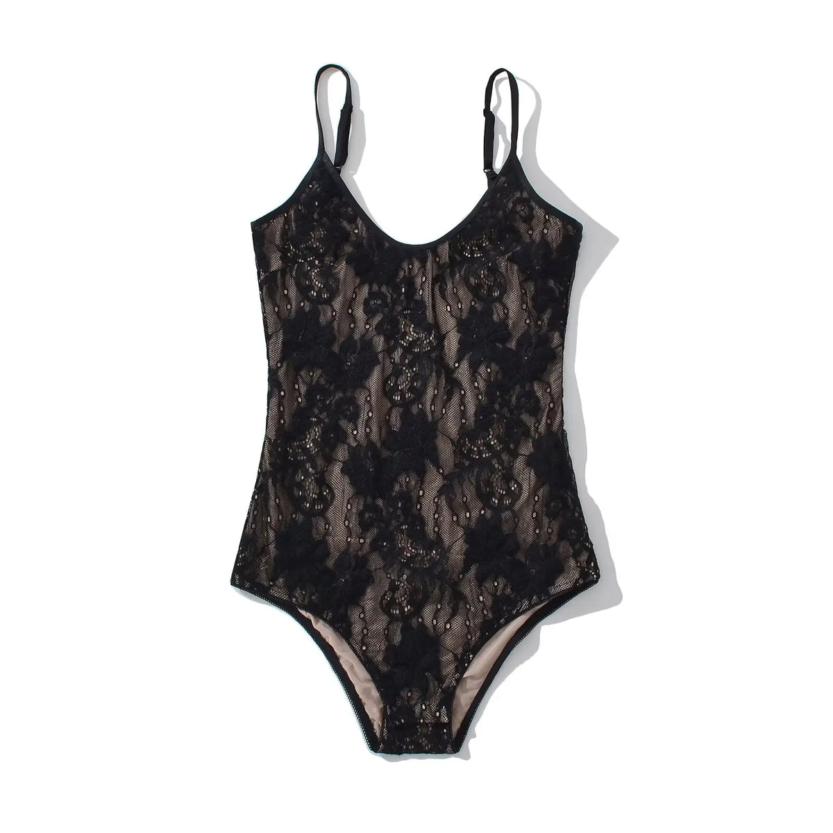 Black floral lace bodysuit laid flat, sheer floral lace pattern front