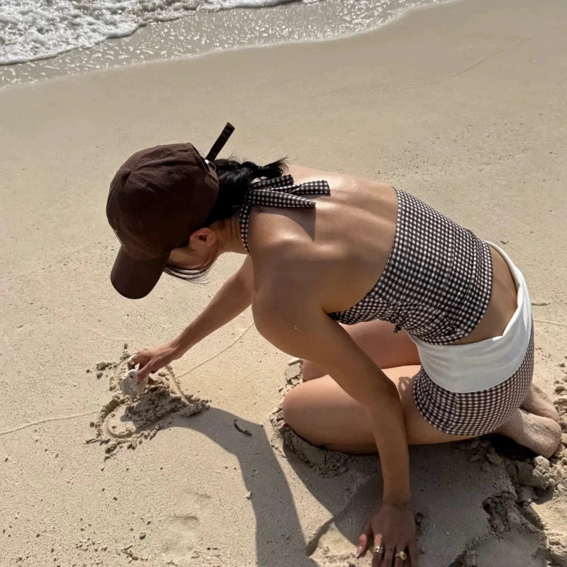 Back view of gingham bikini set showing the halter tie and open back