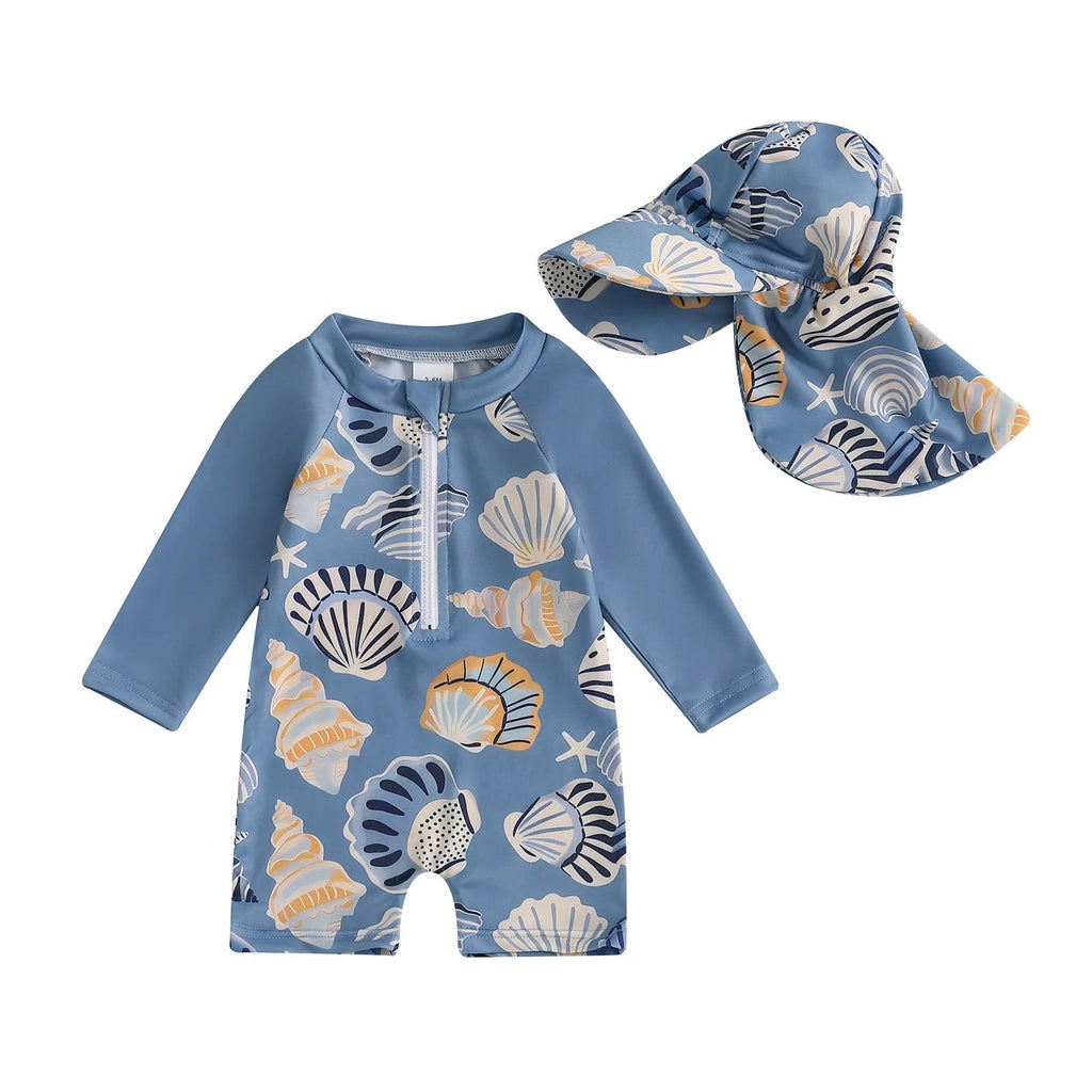 Toddler blue long-sleeve floral tropical swimsuit with seashell starfish print and matching sun hat for sun protection