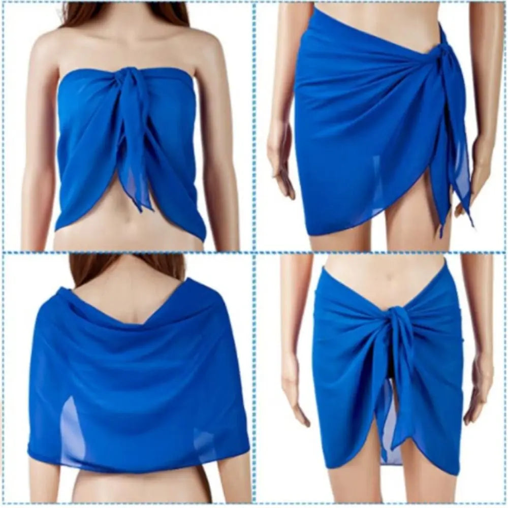 blue chiffon sarong wrap worn four ways as a tube top and front or side tied skirt