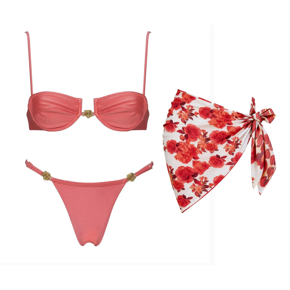 Solid coral underwire micro bikini with beaded thong bottom and floral sarong flat lay