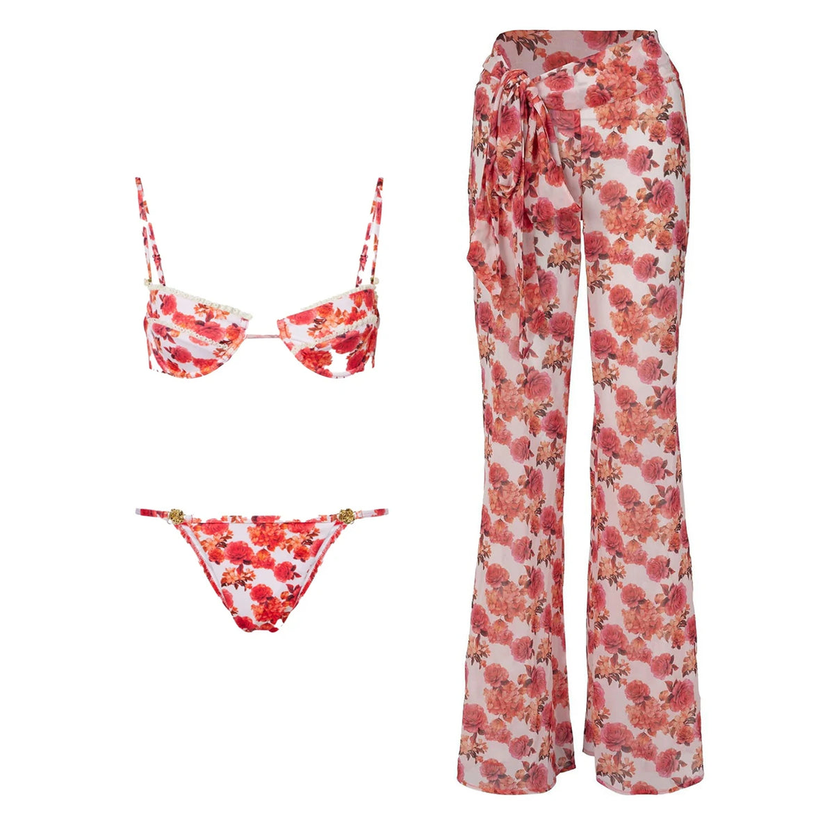 Strappy red floral micro bikini with wide-leg floral pants set on white background