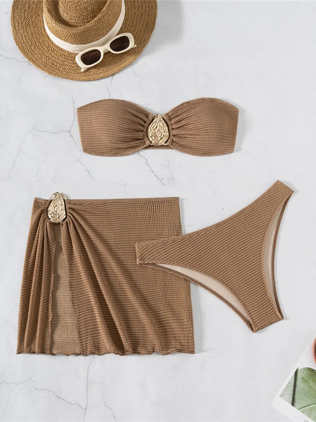 Bandeau Push‑Up 3‑Piece Bikini Set with Mesh Skirt