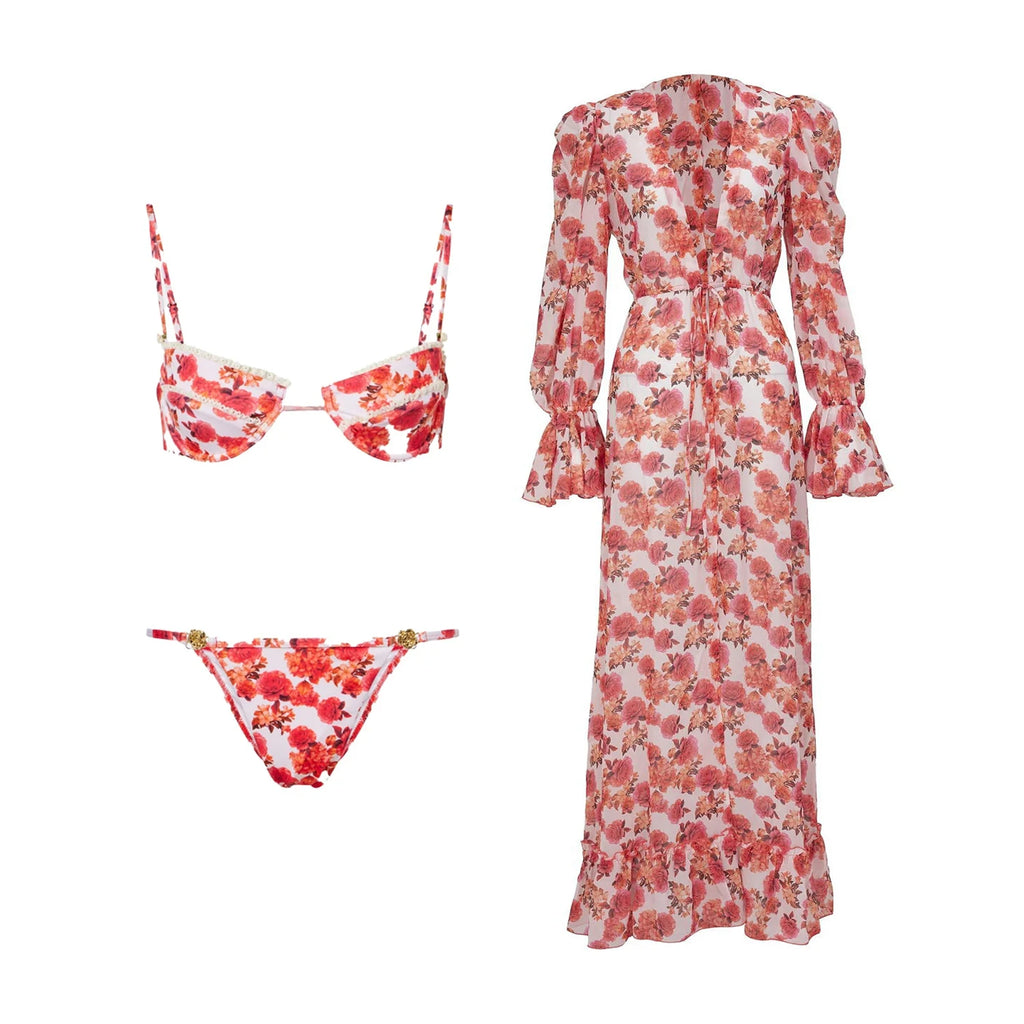 Red floral triangle micro bikini with long-sleeve ruffle floral dress set on white background