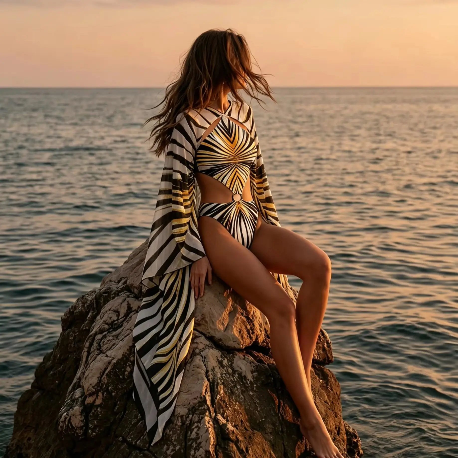 Model in a black and gold print one piece swimsuit with sheer cover up at the beach