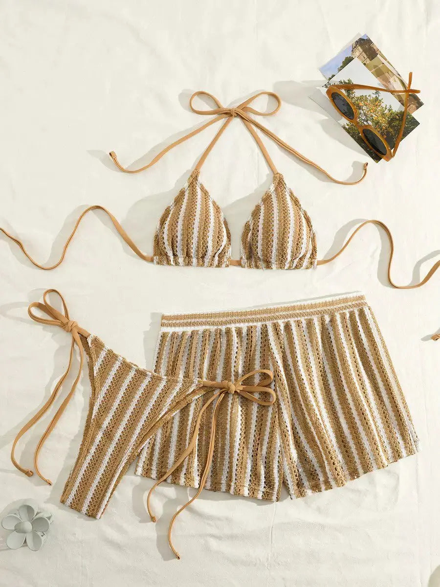 Three‑Piece Mesh Bikini Set – Lace‑Up Neck & Boxer Shorts - Camel2