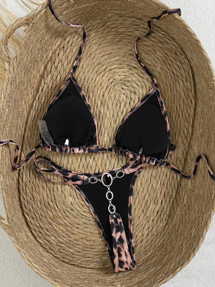 Black and pink leopard print micro rhinestone g string triangle bikini set for women with silver chain detailing
