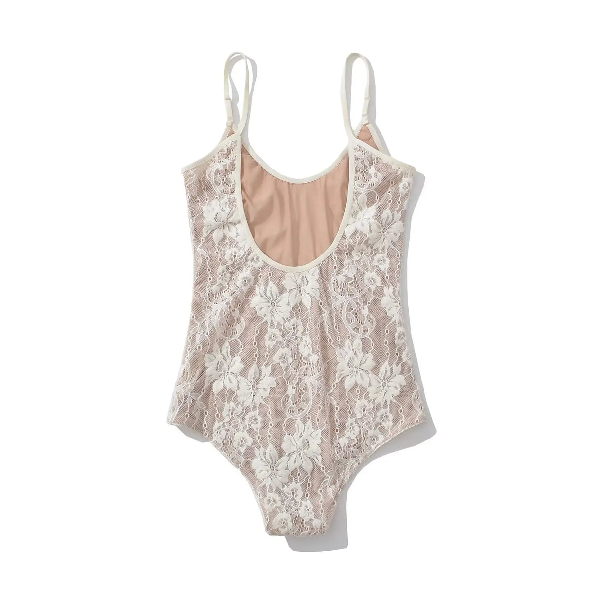 White floral lace bodysuit laid flat, back view with nude lining panel visible