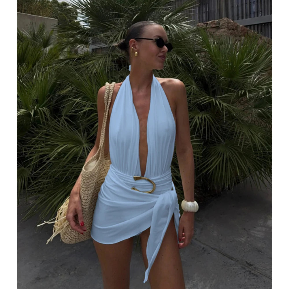 Halter Deep‑V One‑Piece Swimsuit with Sarong Mini Skirt - Light Blue