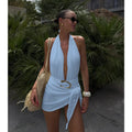 Halter Deep‑V One‑Piece Swimsuit with Sarong Mini Skirt - Light Blue
