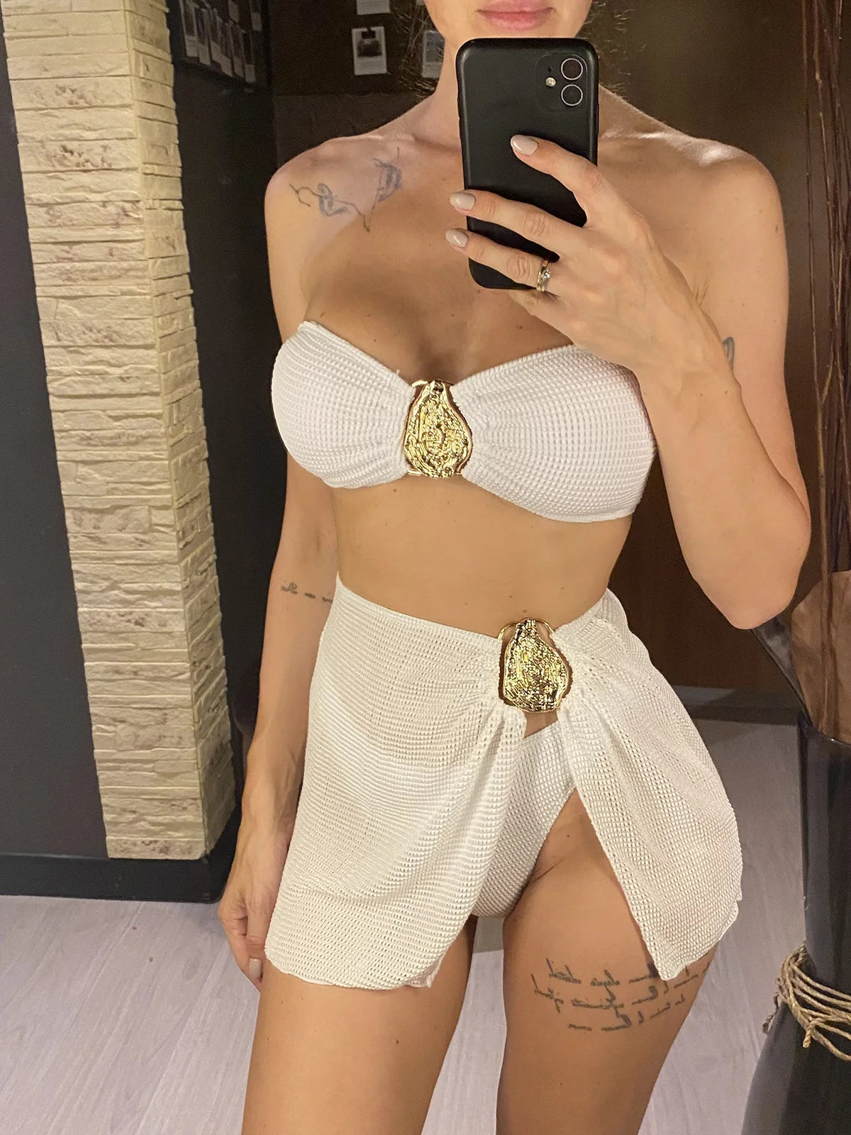 Bandeau Push‑Up 3‑Piece Bikini Set with Mesh Skirt