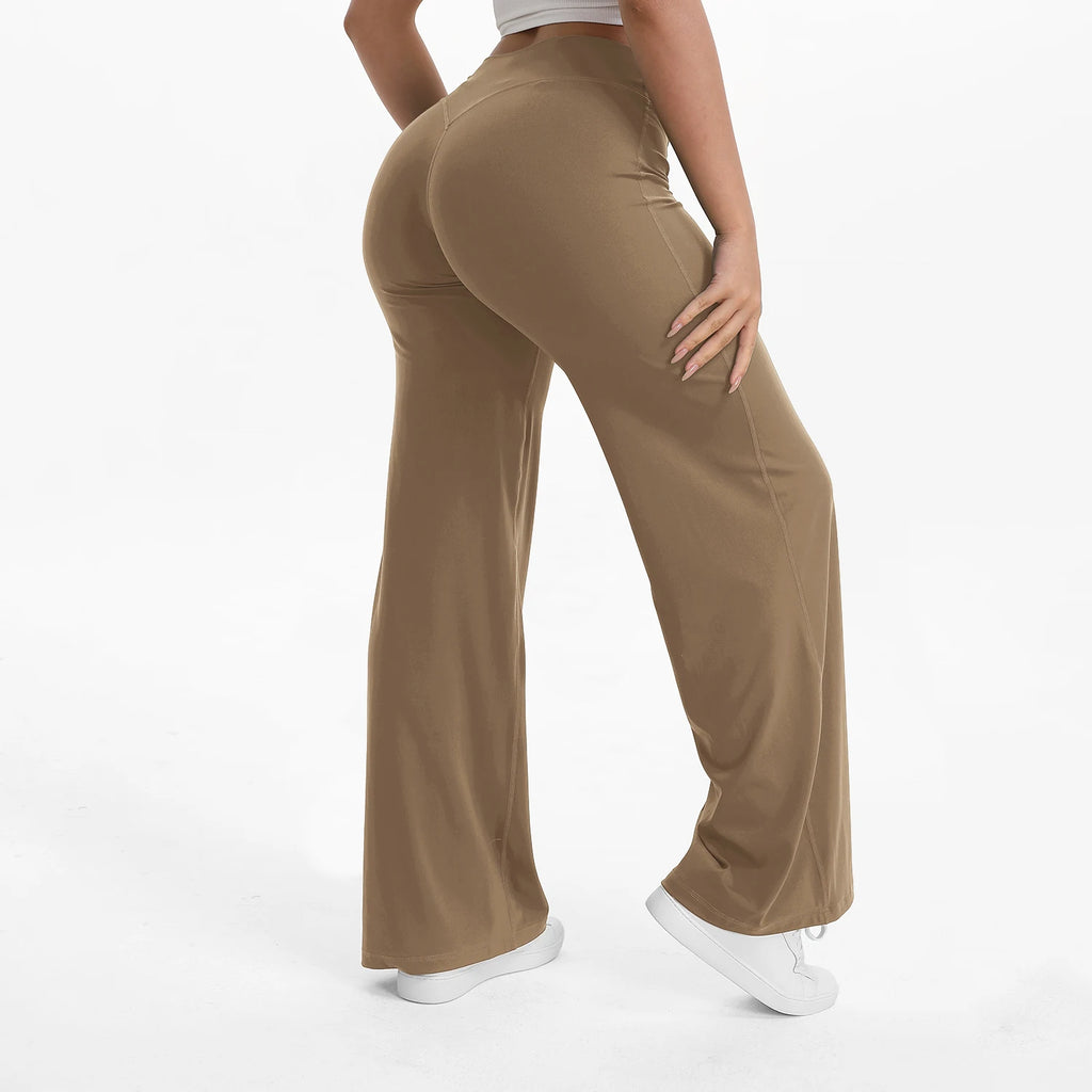 misty brown mid waist straight leg yoga pants on model