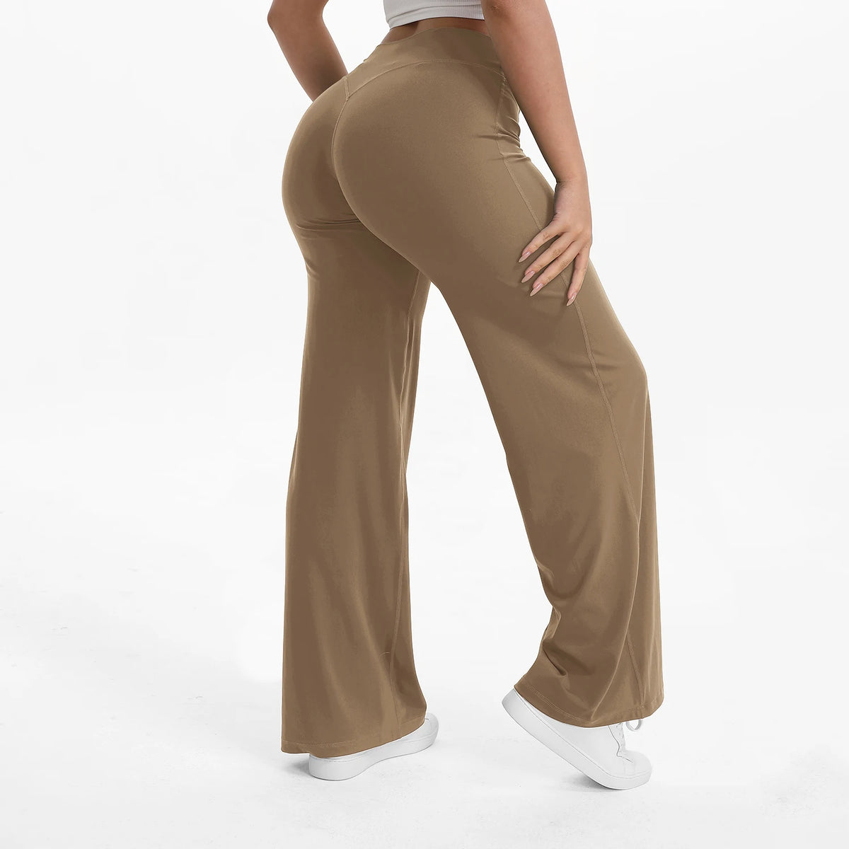 misty brown mid waist straight leg yoga pants on model