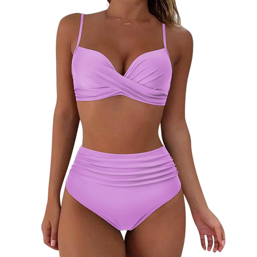 Lavender vintage high-waist wrap bikini set for women with cross-front bra top and ruched high-waist wrap bottoms