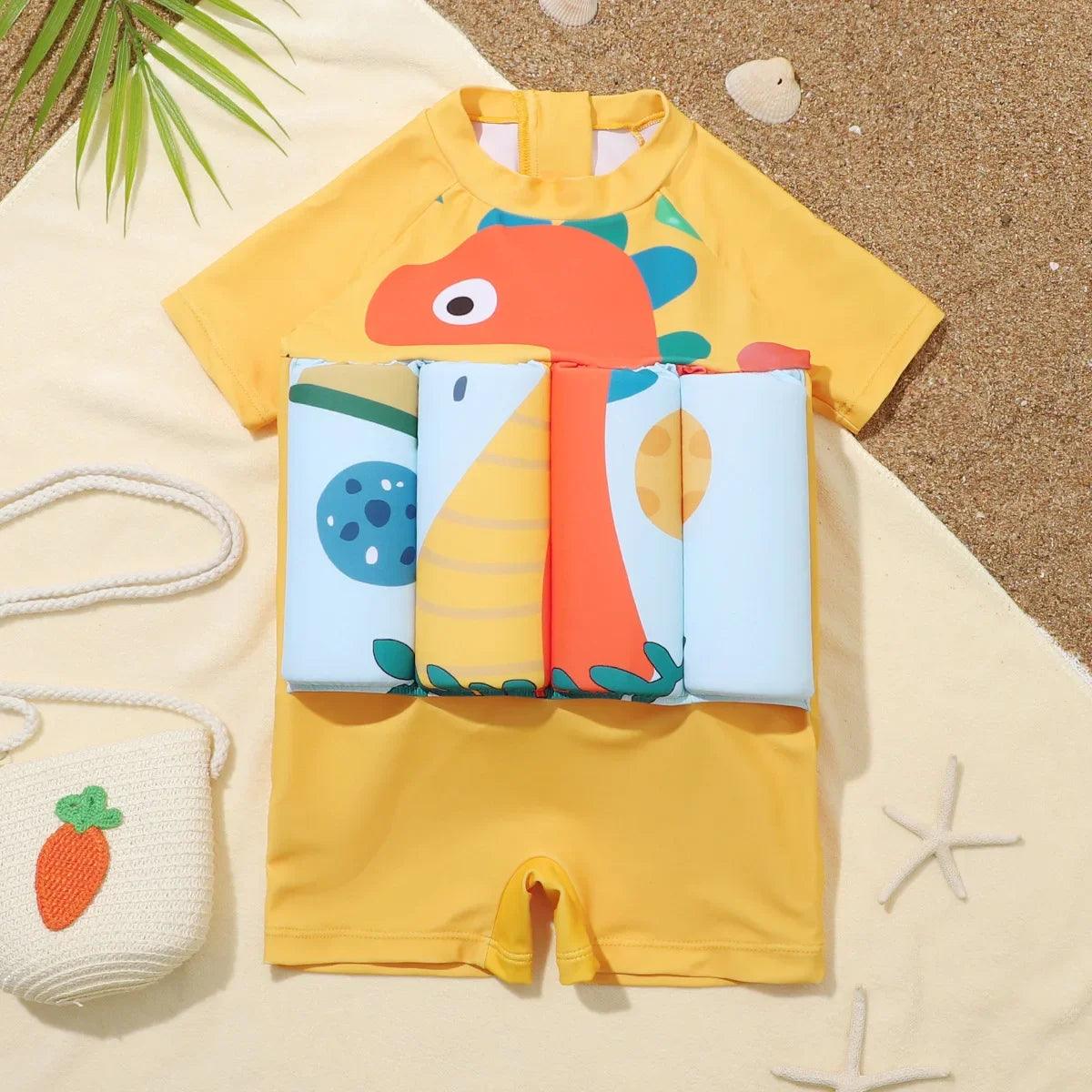 Yellow dinosaur-themed kids cartoon buoyancy one-piece swimsuit with matching inflatable arm floats for swimming training