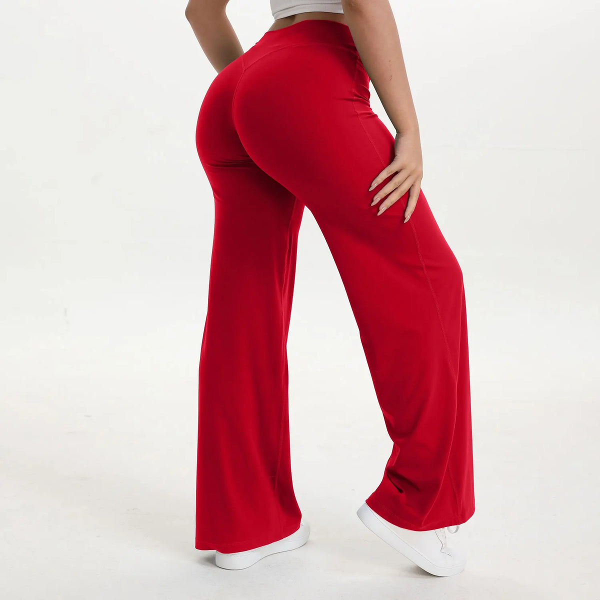 christmas red mid waist straight leg yoga pants on model