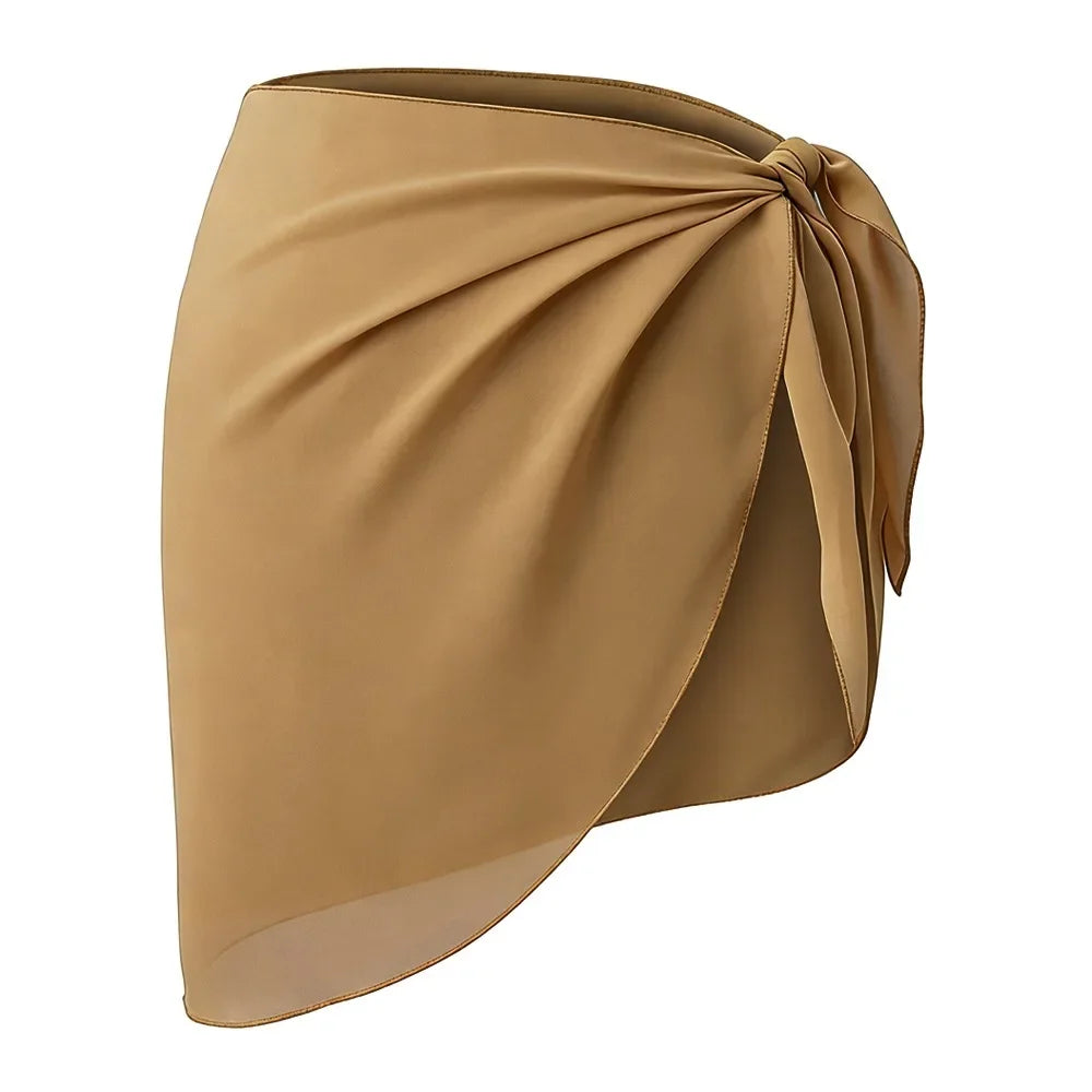 khaki chiffon sarong wrap with side knot laid flat
