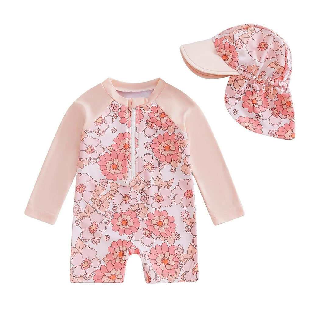 Toddler girls long-sleeve pink floral one-piece swimsuit with matching hat for sun protection and rash guarding
