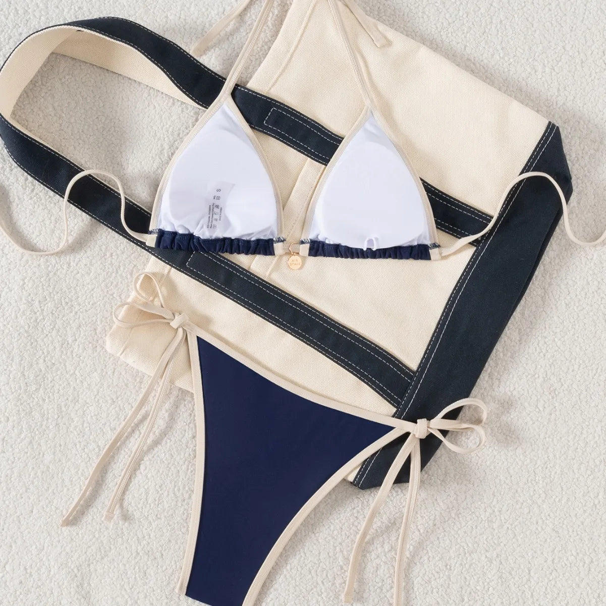 Color‑Blocking Tie Side Cross‑Back Bikini Set for Women - Blue4