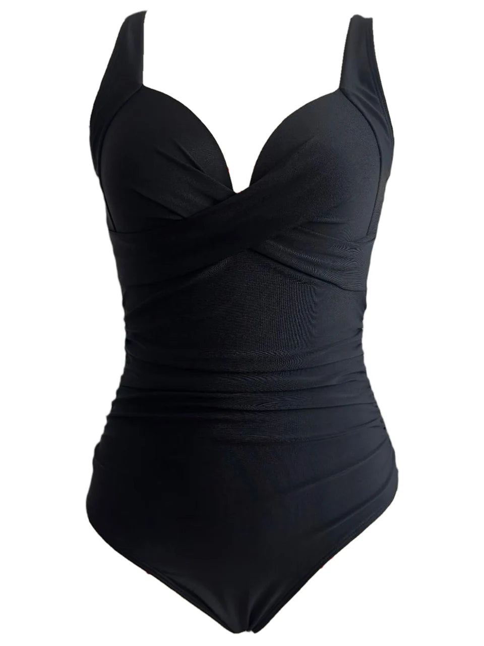 black ruched one piece swimsuit with wide straps and sweetheart neckline laid flat