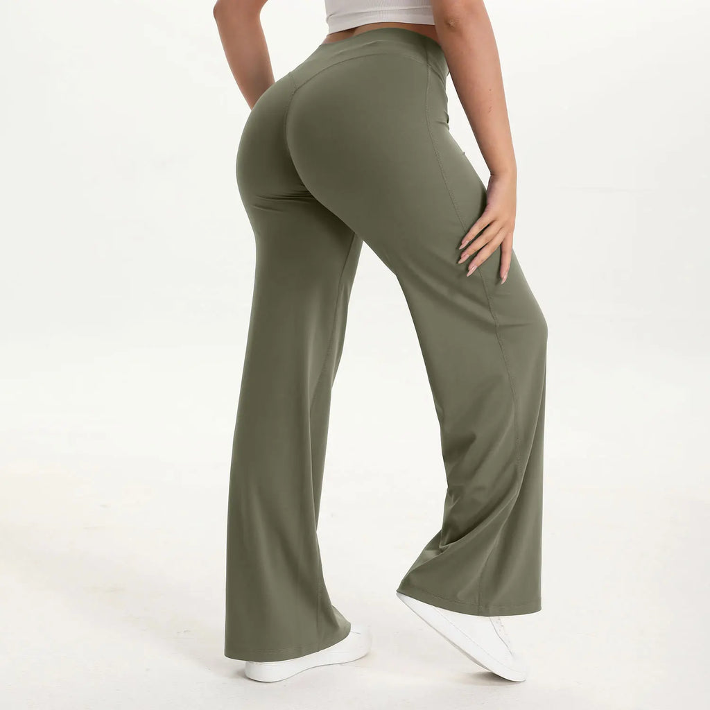 olive green mid waist straight leg yoga pants on model