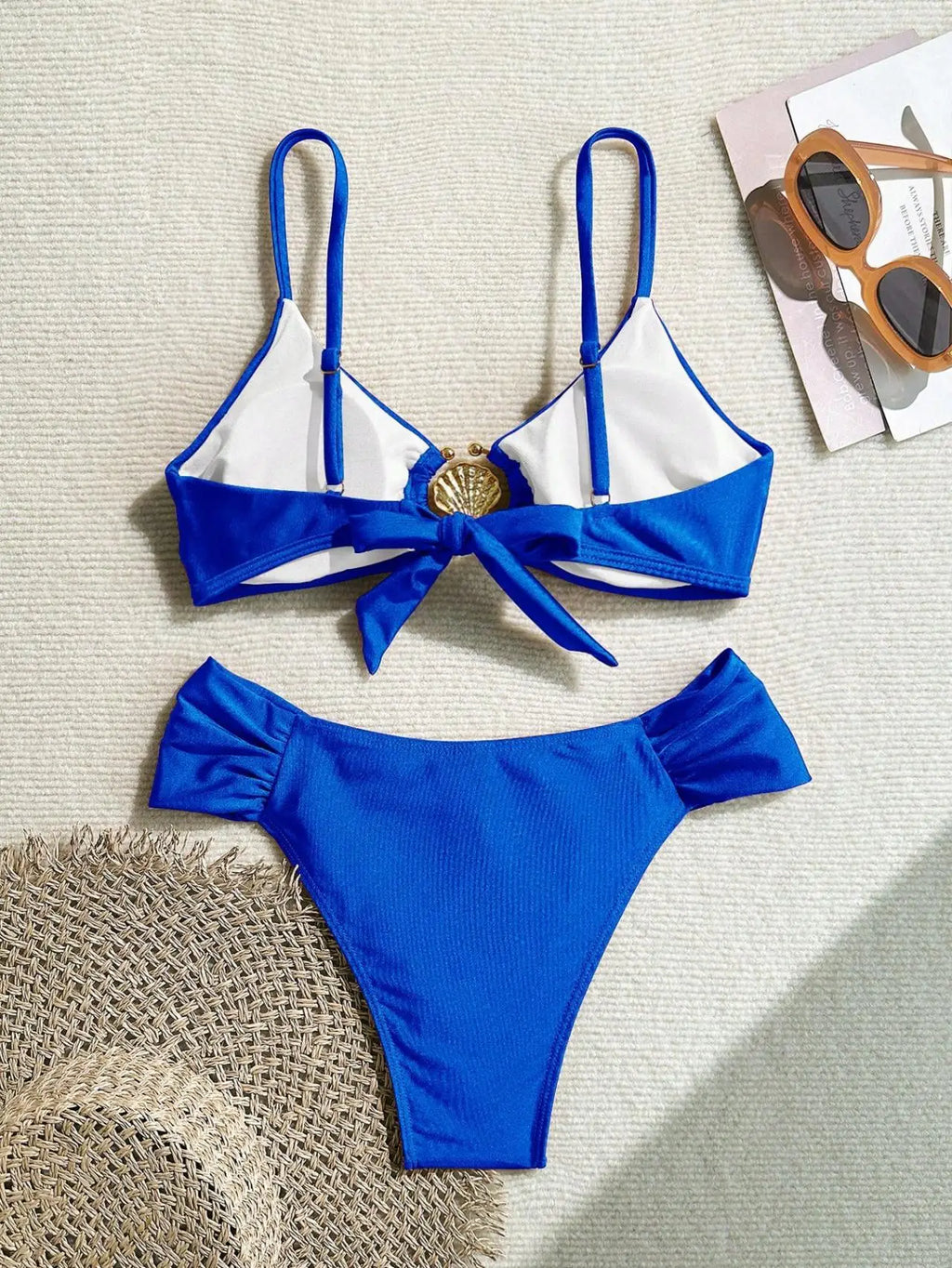 Pleated High‑Waist Bikini Set with Shell Metal Buckle - ROYAL BLUE2