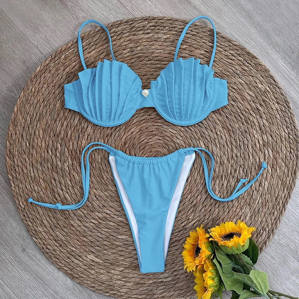 Sexy Shell Micro Bikini Set with Brazilian Thong Bottoms-Blue