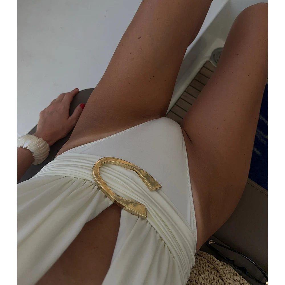 Halter Deep‑V One‑Piece Swimsuit with Sarong Mini Skirt - White5