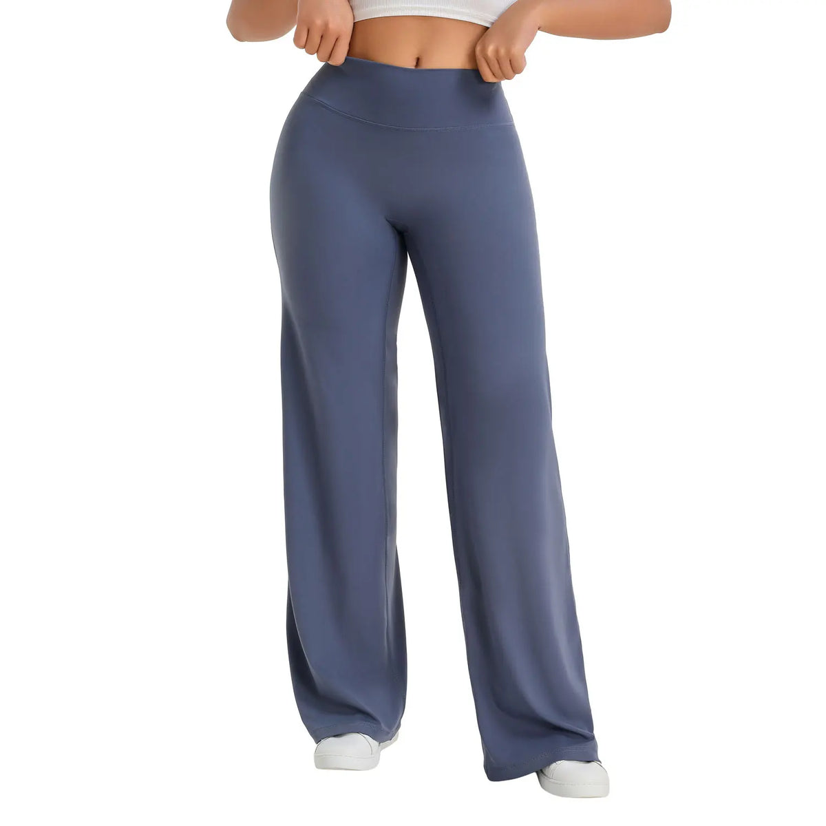 blue gray straight leg yoga pants on model front view