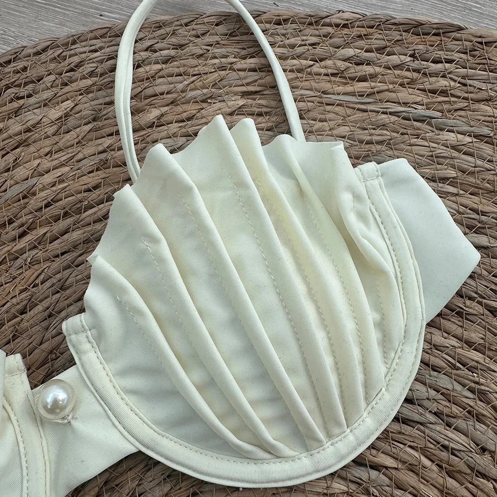 Sexy Shell Micro Bikini Set with Brazilian Thong Bottoms-White2