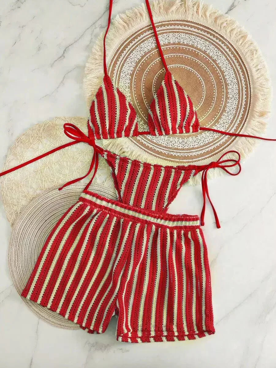 Three‑Piece Mesh Bikini Set – Lace‑Up Neck & Boxer Shorts - Red