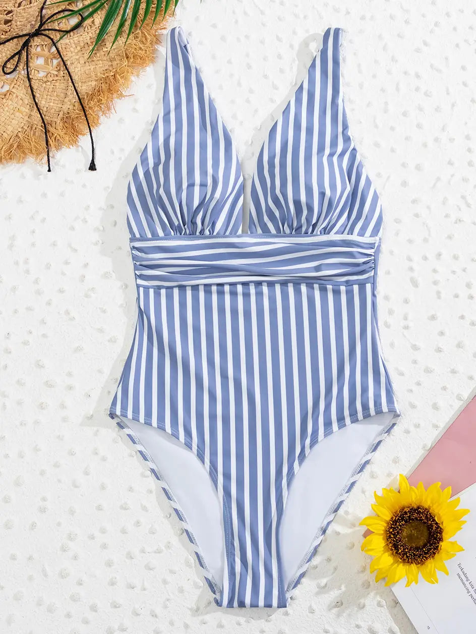 Sexy Striped Deep V Brazilian One Piece Swimsuit