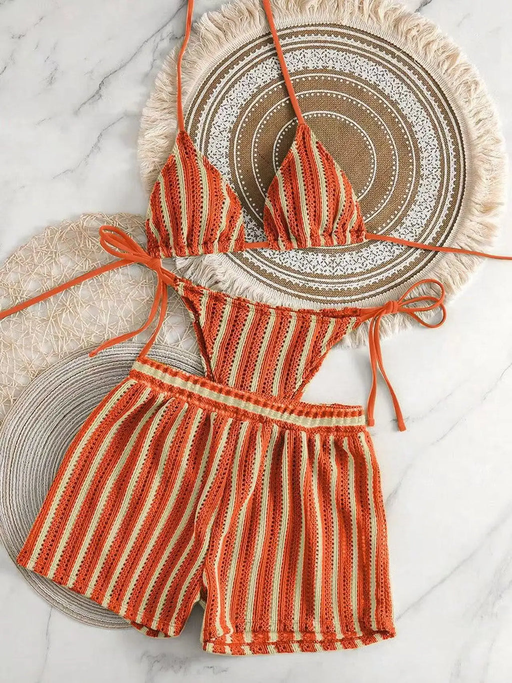 Three‑Piece Mesh Bikini Set – Lace‑Up Neck & Boxer Shorts - Orange red2