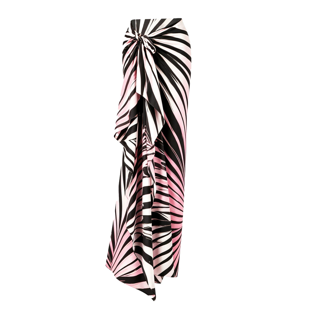 Printed wrap maxi beach skirt in black white and blush pink palm leaf pattern