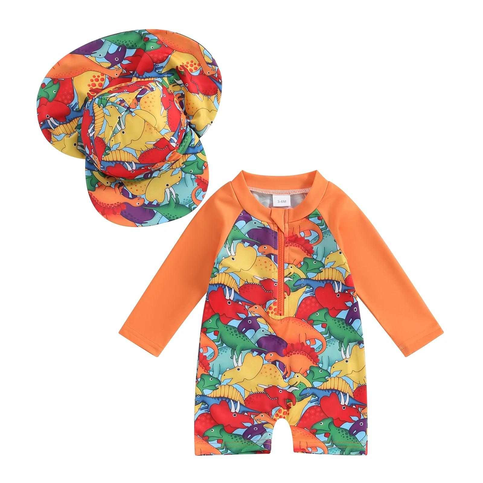 Toddler orange long-sleeved dinosaur print swimsuit with matching sun hat for floral tropical beachwear